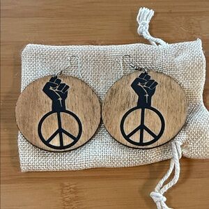 Wooden Round Earrings with Peace Sign & Raised Fist - Black on Natural Wood